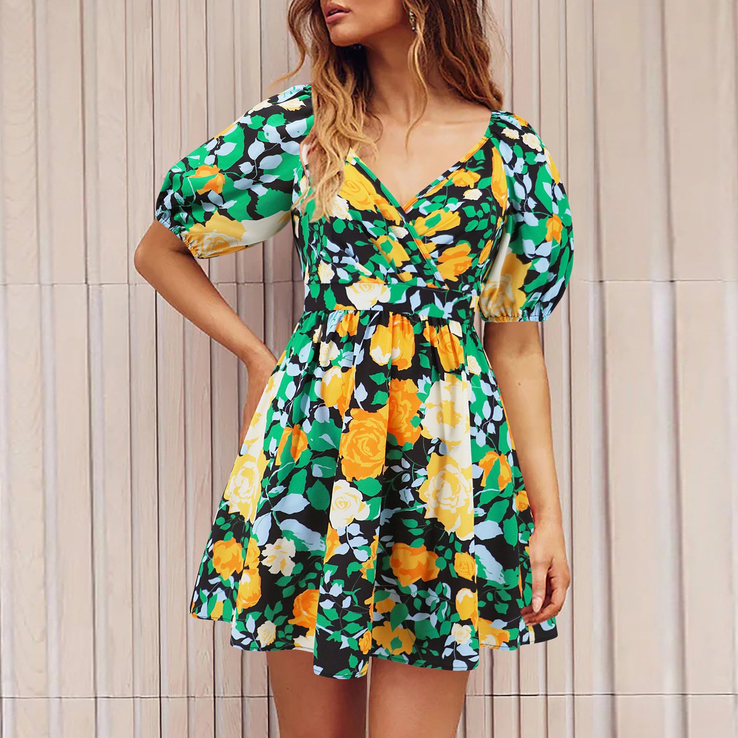 Flowers Print V-Neck Lantern-sleeve Dress Y2K Summer