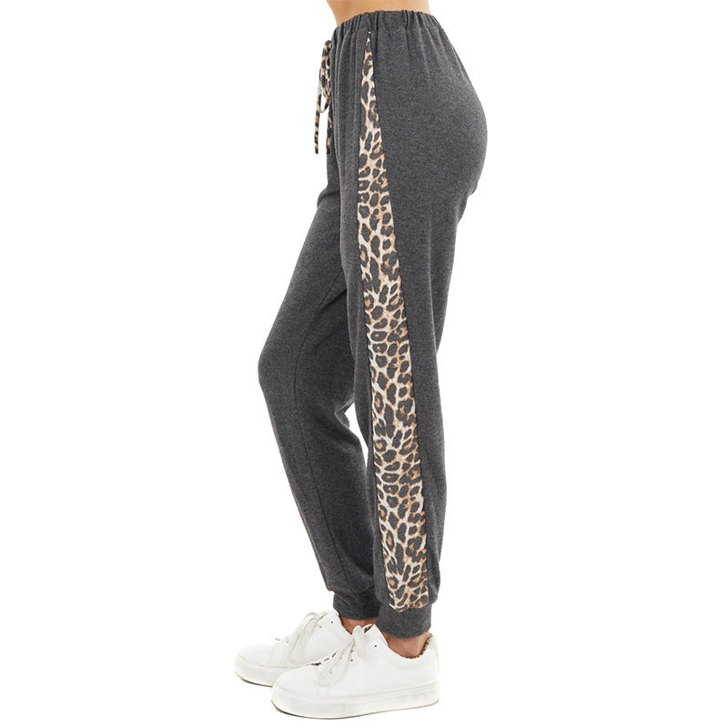 Leopard print side contrast knit pants