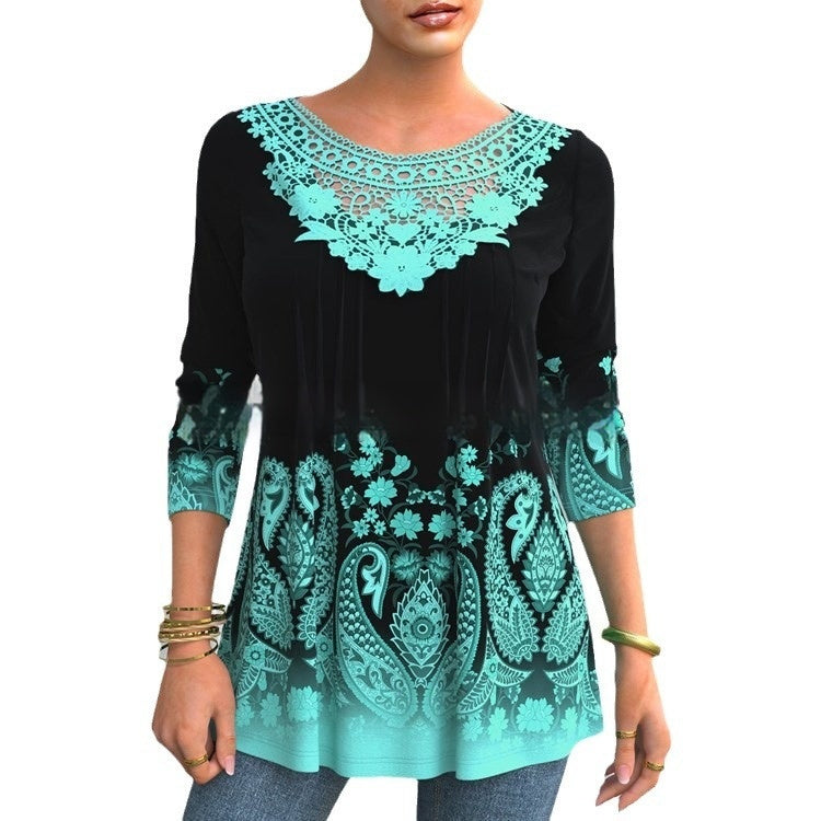 Women's Plus Size Long Sleeve Lace Autumn Loose Top T-shirt