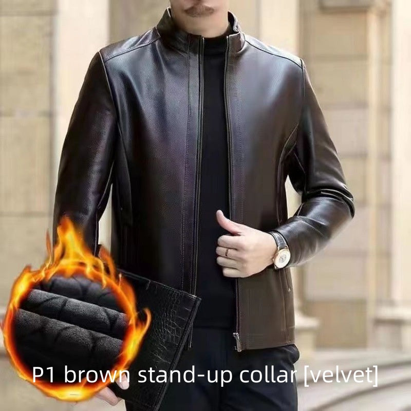 Leather Jacket For Middle-aged Men Leather Clothing With Stand Collar Men Fleece-lined