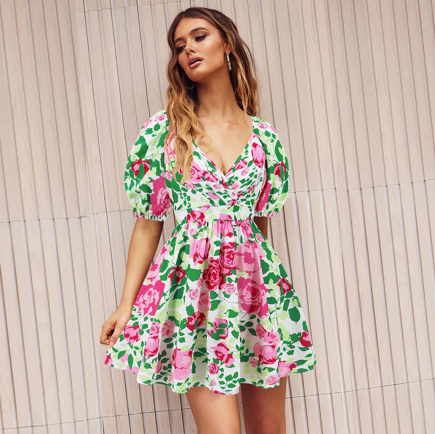 Flowers Print V-Neck Lantern-sleeve Dress Y2K Summer