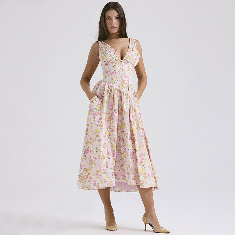 V-neck A-line Dress Summer Pleated Floral Print Tight Waist