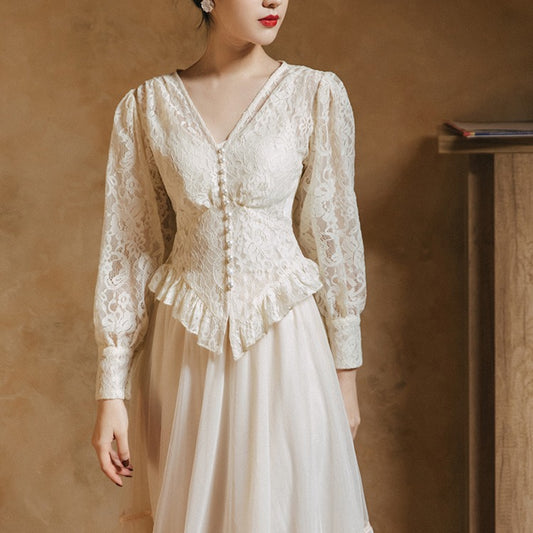 Retro lace blouse and mesh dress little fairy