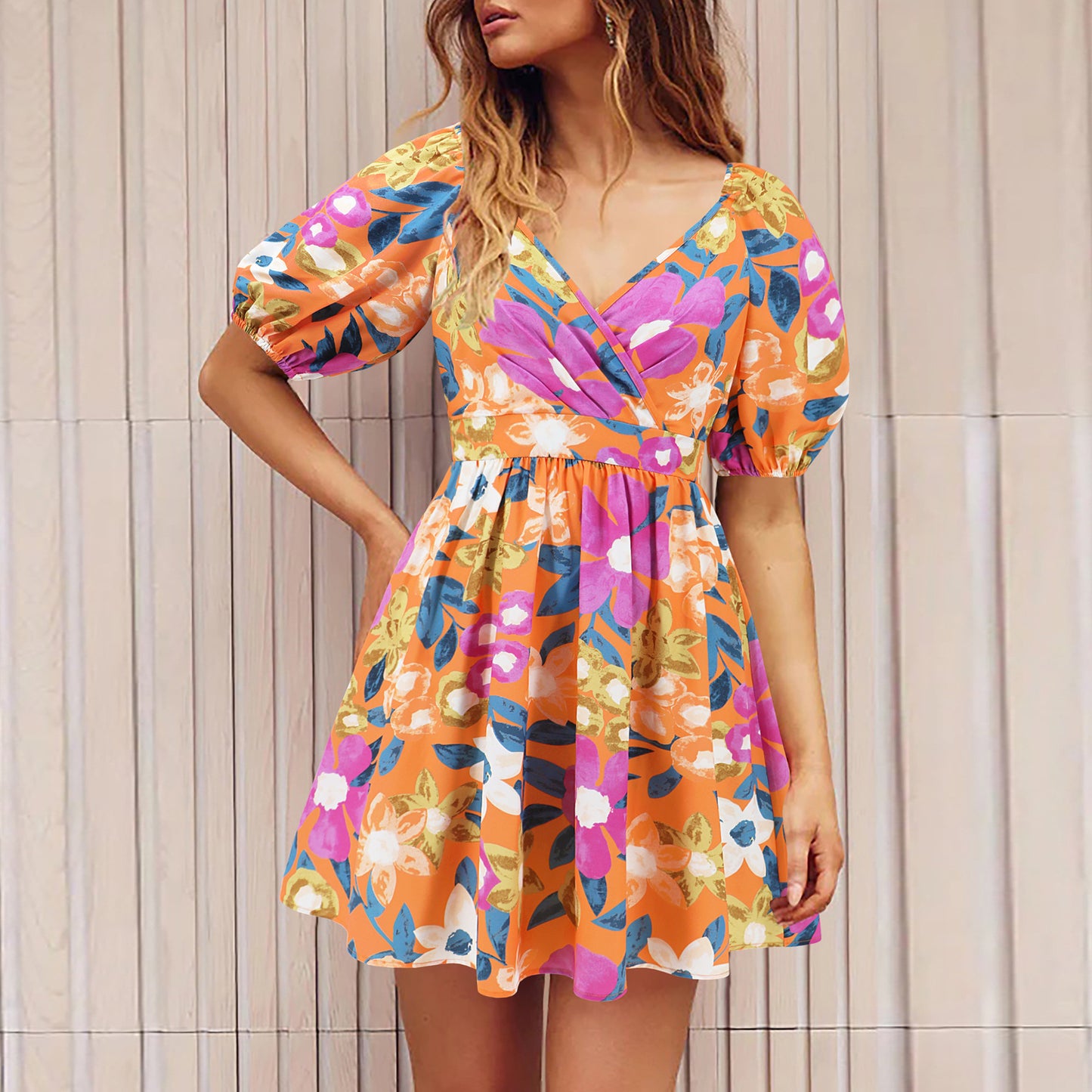 Flowers Print V-Neck Lantern-sleeve Dress Y2K Summer