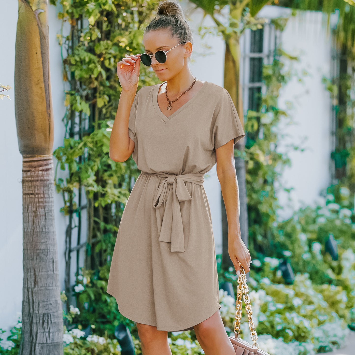 V Neck High Waist Short Sleeve Dress