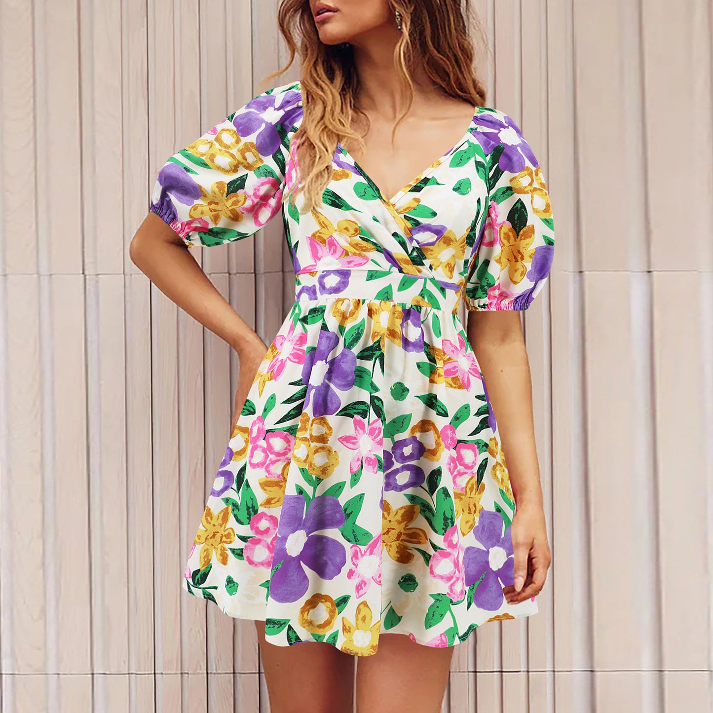 Flowers Print V-Neck Lantern-sleeve Dress Y2K Summer