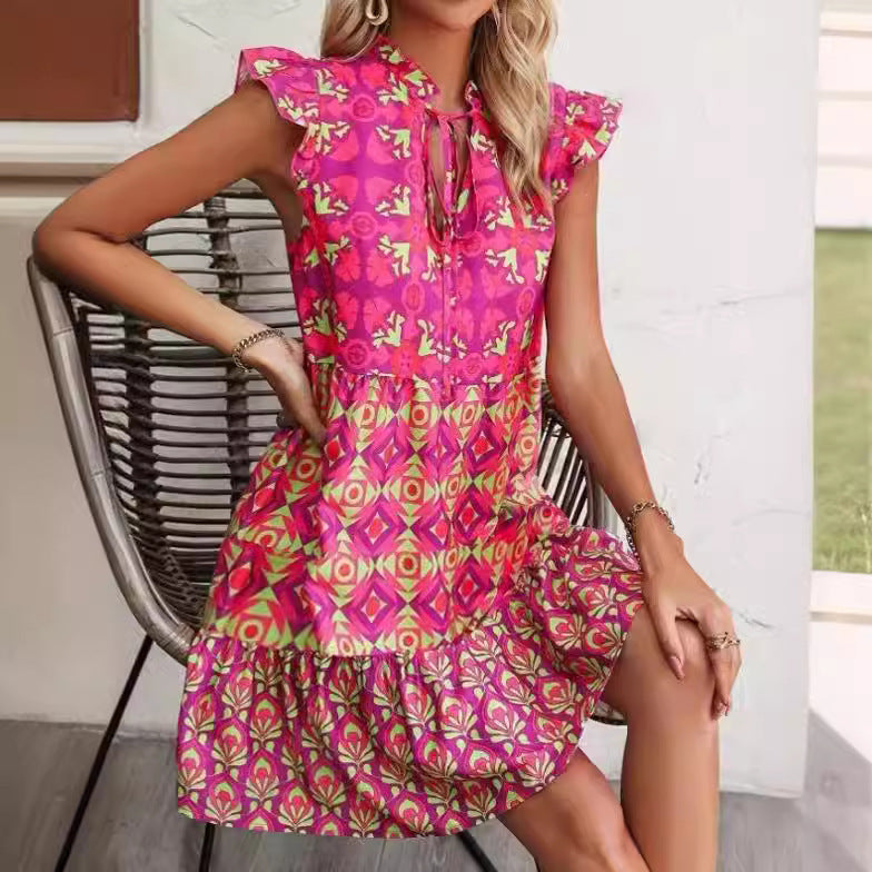 Printed V-Neck Sleeveless Dress Summer Fashion