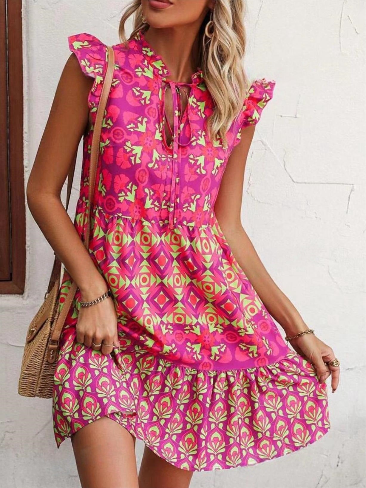 Printed V-Neck Sleeveless Dress Summer Fashion