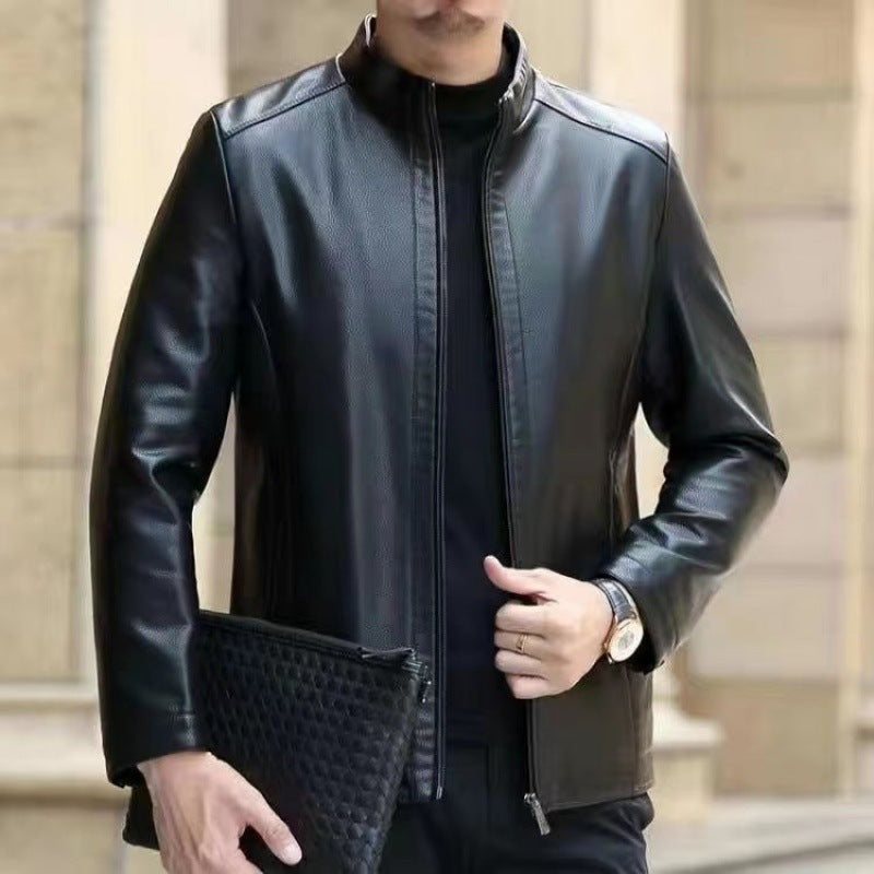 Leather Jacket For Middle-aged Men Leather Clothing With Stand Collar Men Fleece-lined