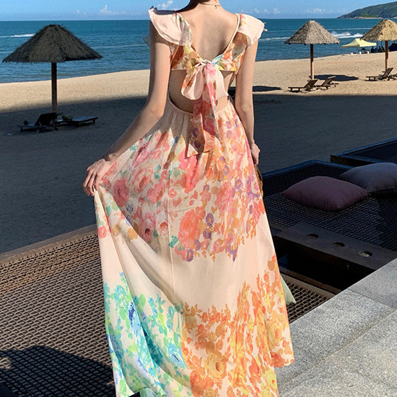 Fashion V-neck Ruffle Sleeve Long Dress Summer