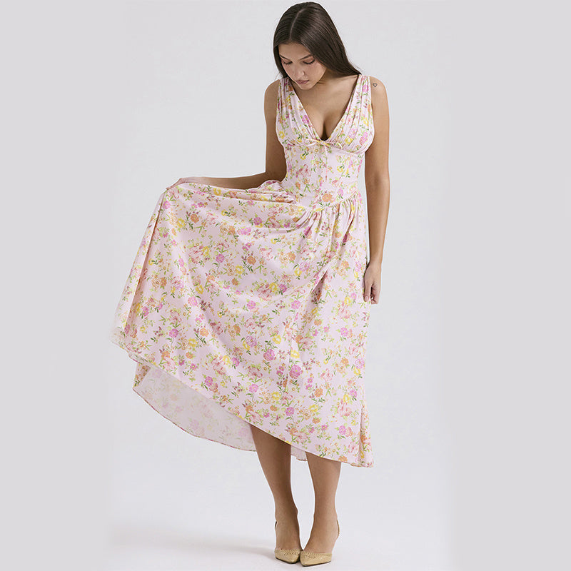 V-neck A-line Dress Summer Pleated Floral Print Tight Waist