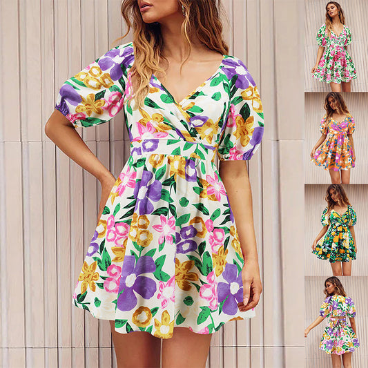 Flowers Print V-Neck Lantern-sleeve Dress Y2K Summer