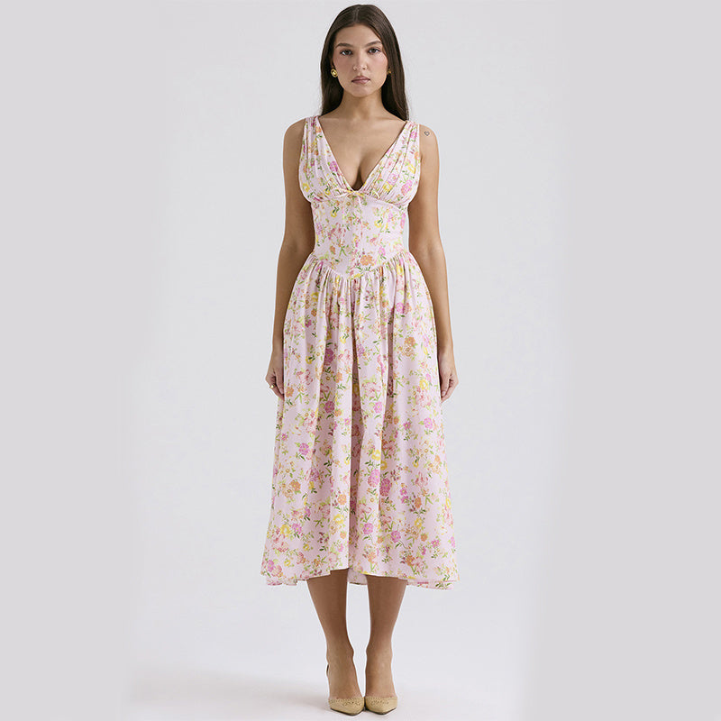 V-neck A-line Dress Summer Pleated Floral Print Tight Waist