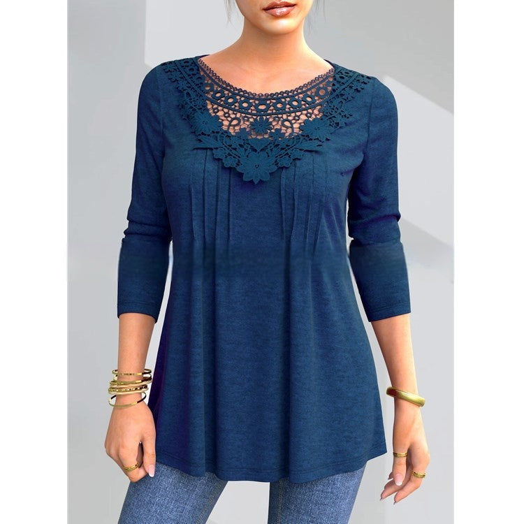 Women's Plus Size Long Sleeve Lace Autumn Loose Top T-shirt