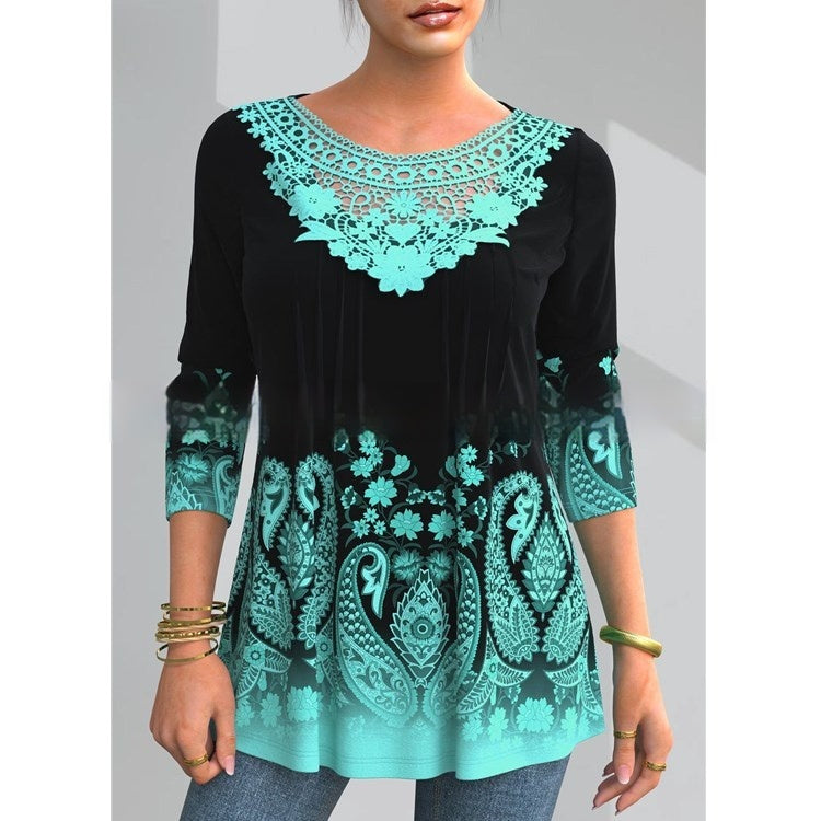 Women's Plus Size Long Sleeve Lace Autumn Loose Top T-shirt